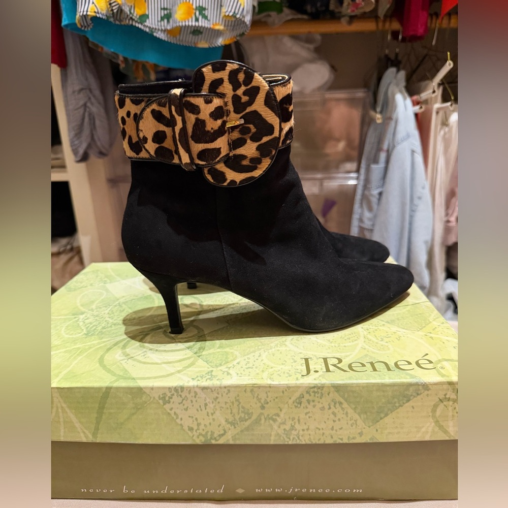 J.Renee Black 100% Suede Leopard Heeled Boots